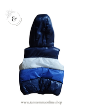 Load image into Gallery viewer, Down jacket - Sleeveless with hoodie - striped dark blue, white and light blue - boy 9/12 months - Fagottino Ovs