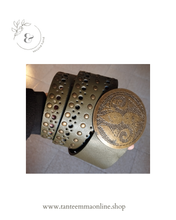 Load image into Gallery viewer, Belt in real leather, dark olive green, perforated and with studs. with large and circular buckle in brass color - woman Tante Emma Online