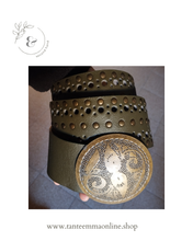 Load image into Gallery viewer, Belt in real leather, dark olive green, perforated and with studs. with large and circular buckle in brass color - woman Tante Emma Online