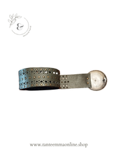 Load image into Gallery viewer, Belt in real leather, dark olive green, perforated and with studs. with large and circular buckle in brass color - woman Tante Emma Online