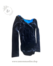 Load image into Gallery viewer, Gymnast leotard - long sleeve - black and blue with strass - Turnanzuege Lessel - size 128 cm
