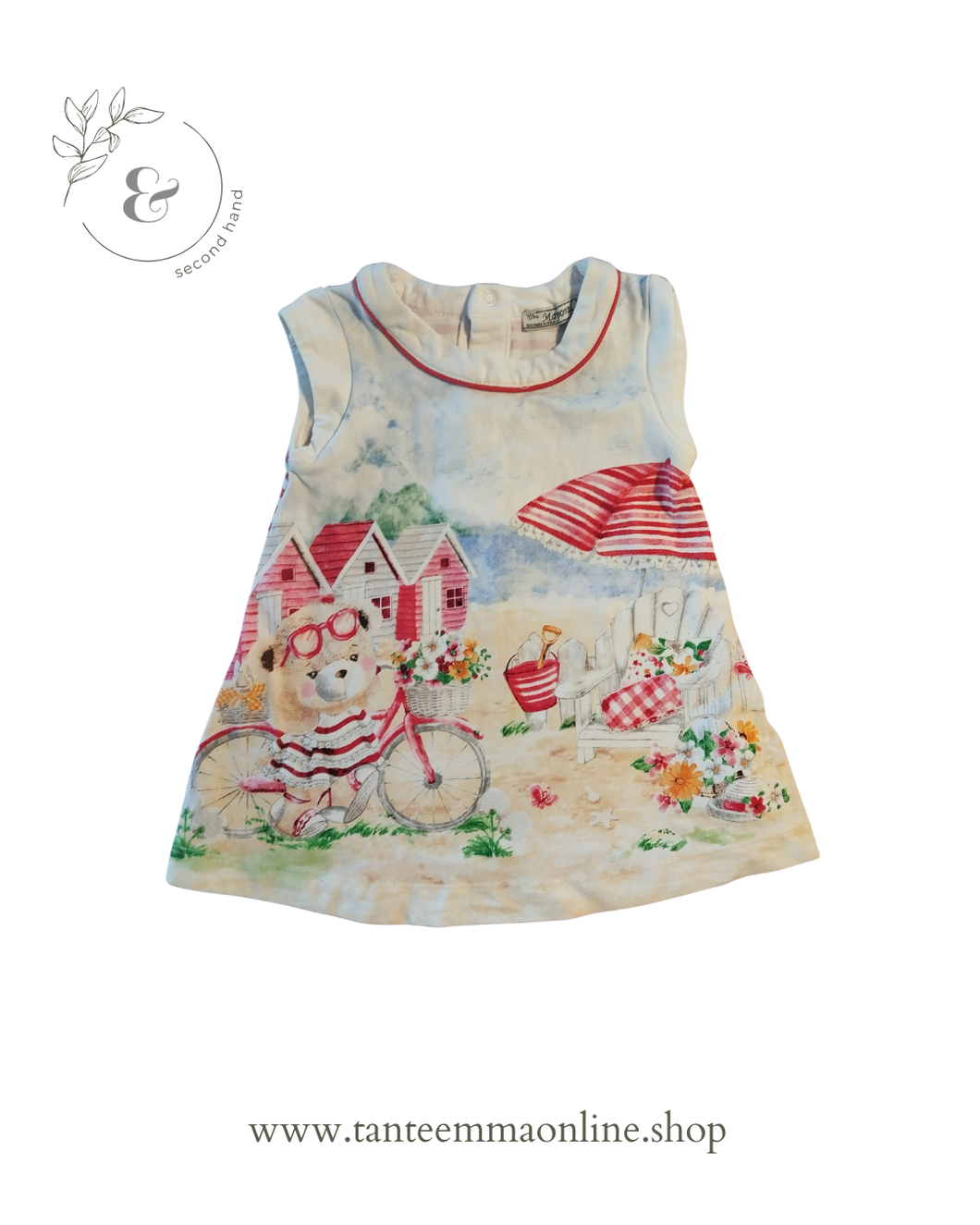 Vestito - disegno frontale e strisce bianche e rosa sul retro - cotone - Mayoral - bambina - 9 mesi