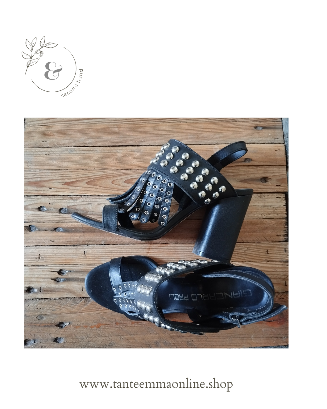Black sandals in real leather - with fringes and studs - chunky hill 10 cm - Giancarlo Paoli - size 38 Tante Emma Online